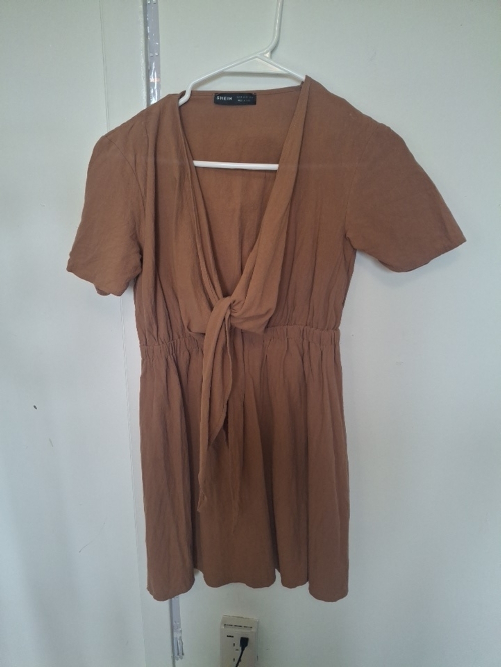 SHEIN Rust Brown Tie-Front Short Sleeve Tunic Dress